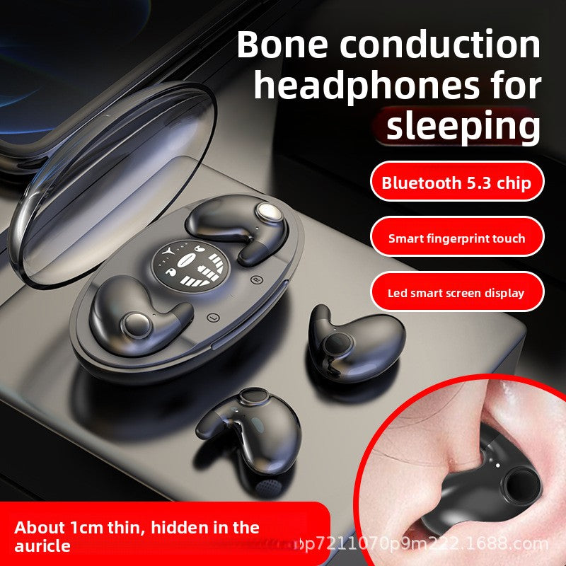 Bone conduction headphones for sleeping with charging case on a reflective surface.