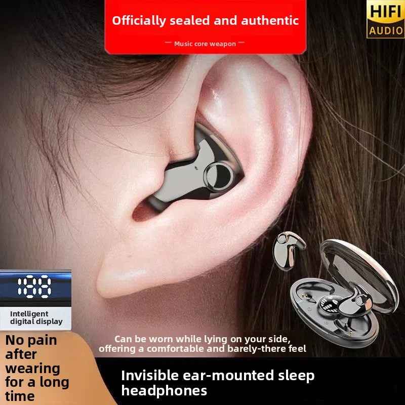 Invisible ear-mounted sleep headphones worn in an ear with product packaging and text highlighting features.