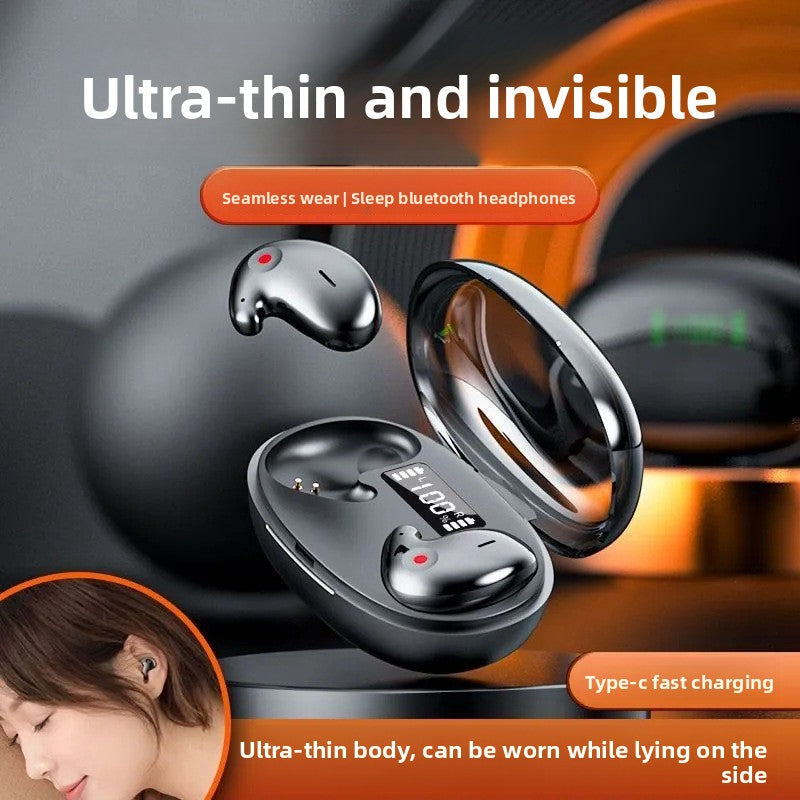 Seamless wear sleep Bluetooth headphones with charging case on a dark background