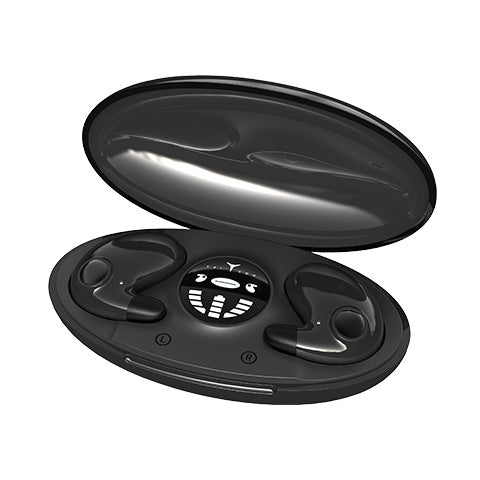 Black earbud case with open lid on a white background