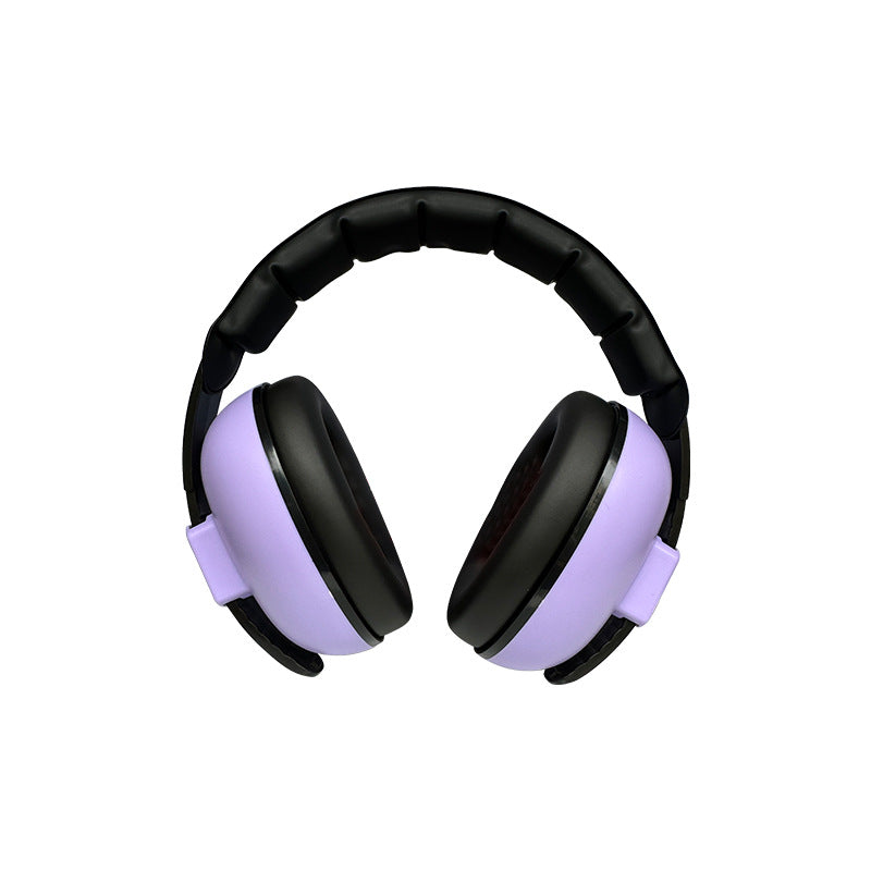 Black and purple headphones on a white background