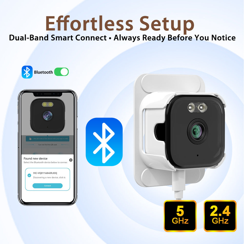 Smart camera with Bluetooth connectivity displayed on a smartphone screen, featuring text 'Effortless Setup' and 'Dual-Band Smart Connect'.