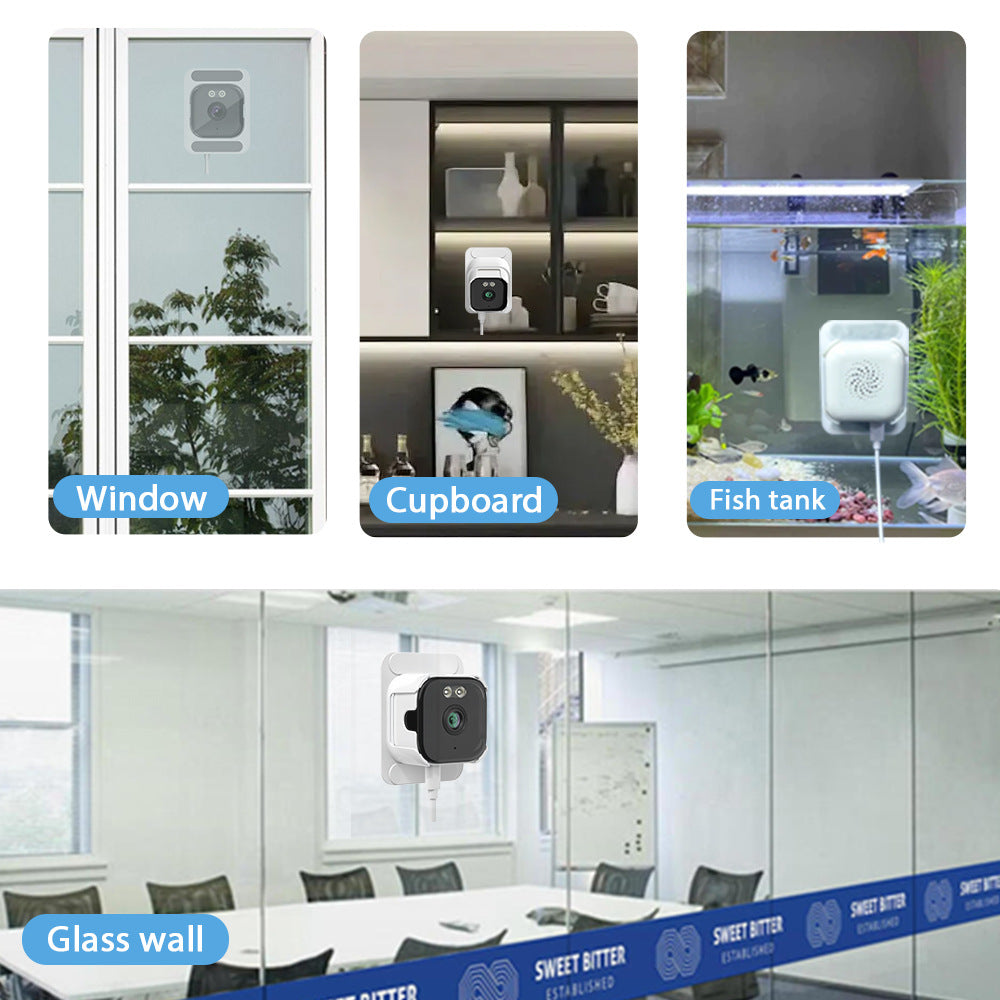 Various applications of a security camera on different surfaces including a window, cupboard, fish tank, and glass wall.