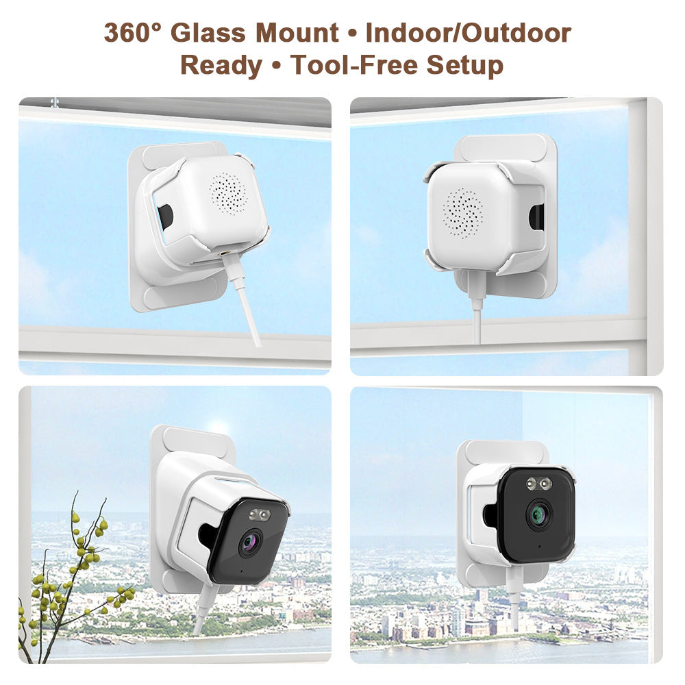 Camera system with 360-degree glass mount feature, suitable for indoor and outdoor use.