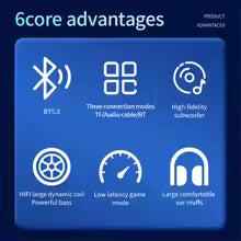 Blue background with text '6core advantages' and icons representing Bluetooth, BT5.1, three connection modes, high fidelity outboard, large dynamic coil, powerful basses, low latency game mode, and large comfortable ear muffs.