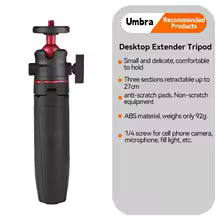 Desktop extender tripod with Umbra branding and product details on a white background