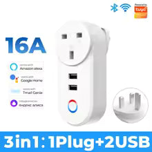 White 3-in-1 plug with USB ports and Wi-Fi symbol on a blue background