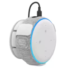 White and gray speaker with mesh design on a white background
