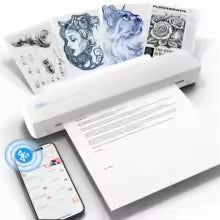 Flair Printers portable printer with a remote control on a white background