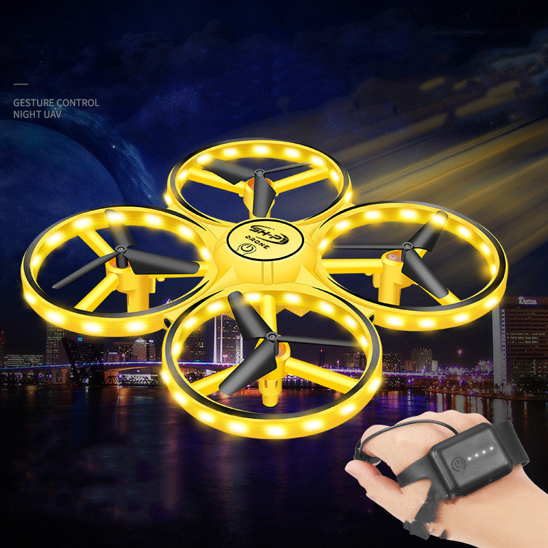 Yellow drone with LED lights in front of a cityscape at night